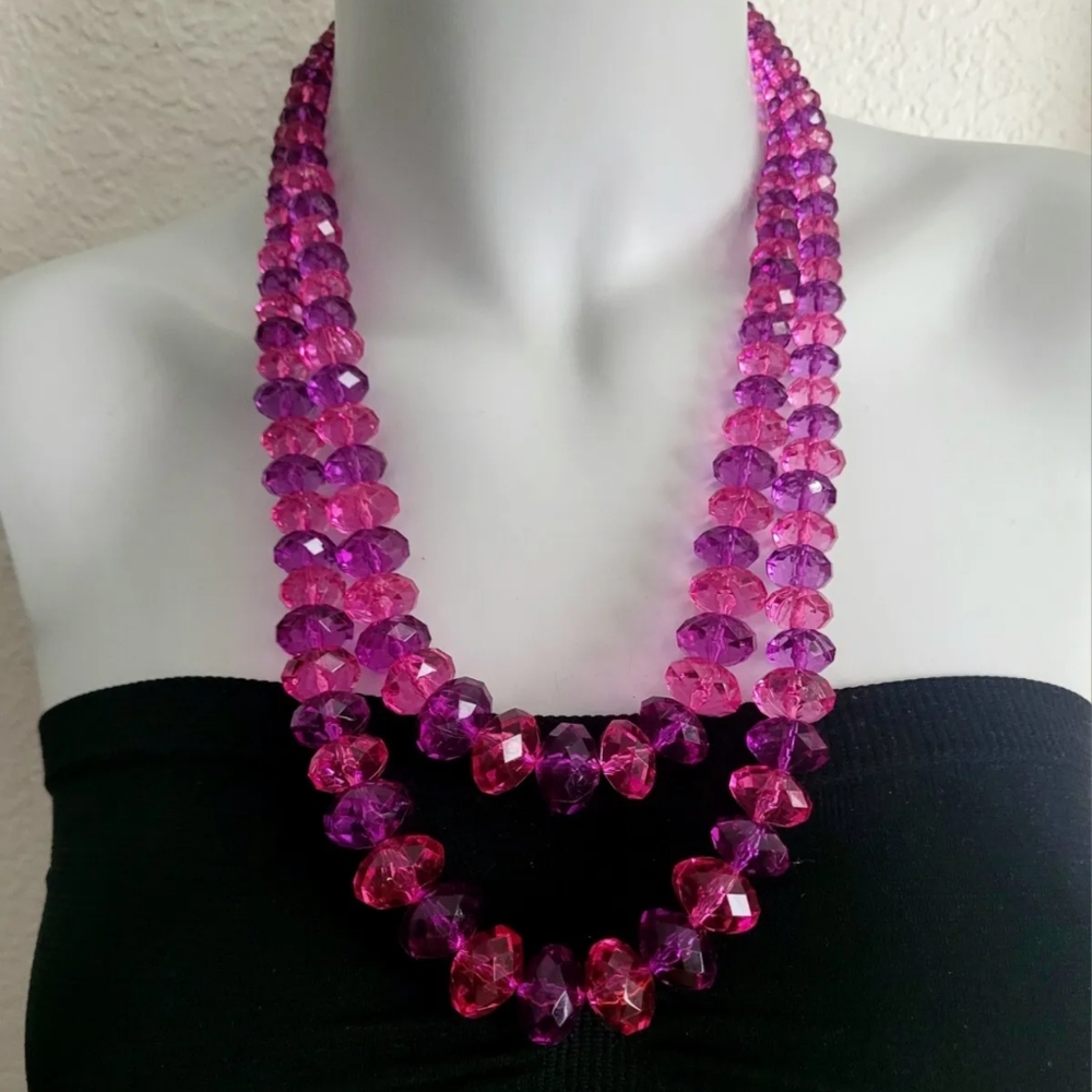 BEADED  DOUBLE STRAND CLEAR PINK & PURPLE FACETED LUCITE BEADS